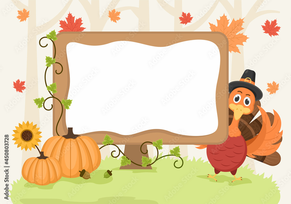 Fototapeta premium Happy Thanksgiving Celebration with Cartoon Turkey, Leaves, Chicken, Pumpkin and Other For Decoration or Background Vector Illustration