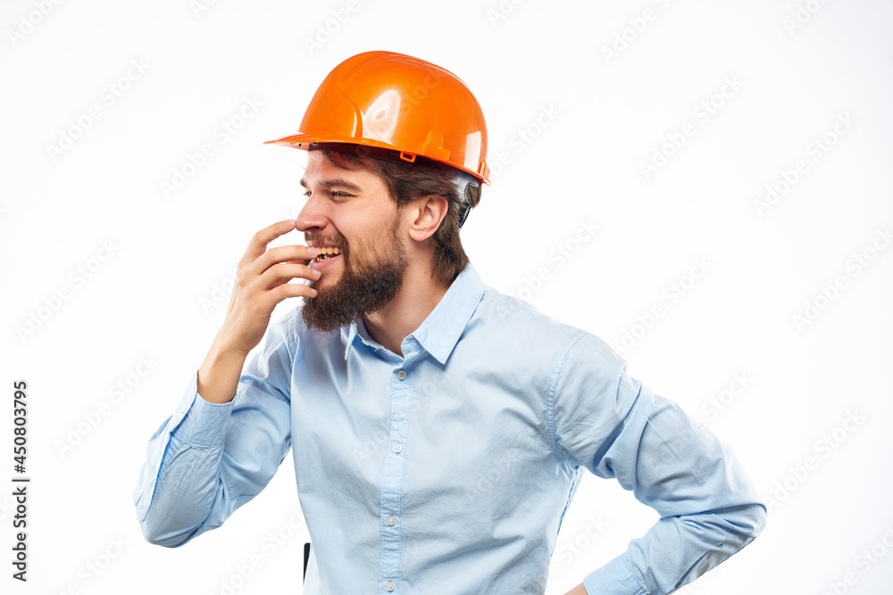 surprised man work in the construction industry Studio hand gesture