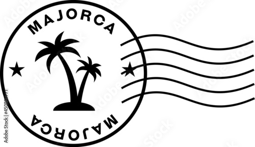 majorka stamp sign with postage markings. Circular stamp with palm trees inside, words Majorca and wavy postage marks.