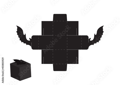 Happy Halloween treat box. Gift party favor box for sweets, candies, small presents, bakery. Simple packaging die cut template for laser cut, great design for any purposes, birthdays, baby showers.