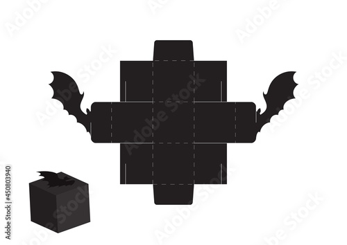 Happy Halloween treat box. Gift party favor box for sweets, candies, small presents, bakery. Simple packaging die cut template for laser cut, great design for any purposes, birthdays, baby showers.