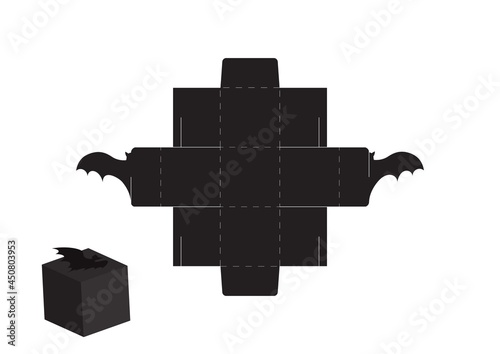 Happy Halloween treat box. Gift party favor box for sweets, candies, small presents, bakery. Simple packaging die cut template for laser cut, great design for any purposes, birthdays, baby showers.