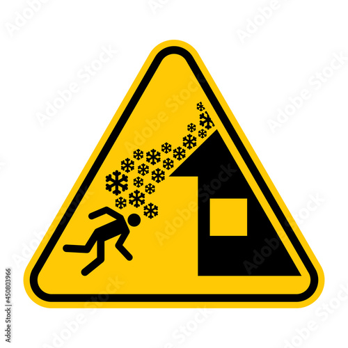 Roof avalanche sign. Vector illustration of yellow triangle warning sign with snow falling from roof on man. Caution snow covered roof. Symbol used during winter. Risk of being covered with snow.