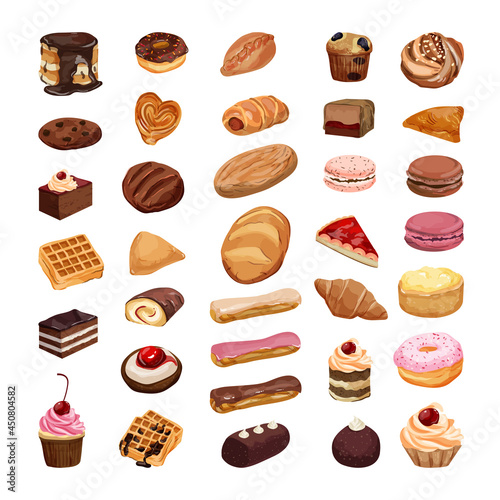 Vector collection of realistic cakes, pastries and other sweets. Set of baking.