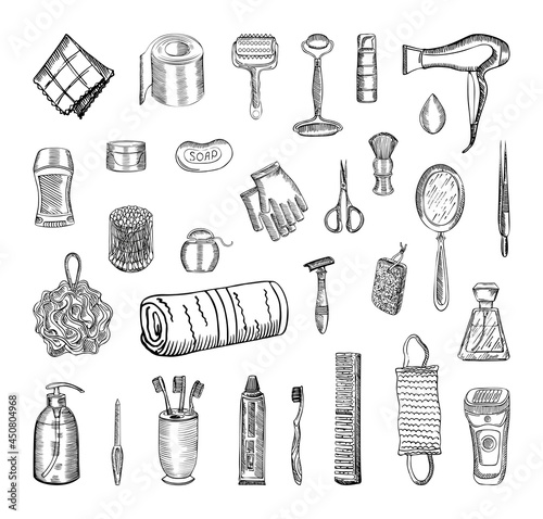 Collection of monochrome illustrations of beauty and health in sketch style. Hand drawings in art ink style. Black and white graphics.