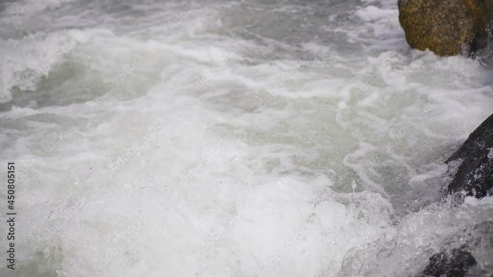 Rapids and Cascades of Violent Mountain River. Close Up View