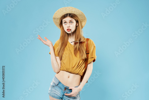 woman wearing hat fashionable clothes posing summer style