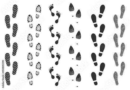 Footprint track, human walking footstep trails. Shoe foot print route, walk footprints path, dirty boot imprint trail silhouette vector set. Female and male trace, trekking or hiking concept photo