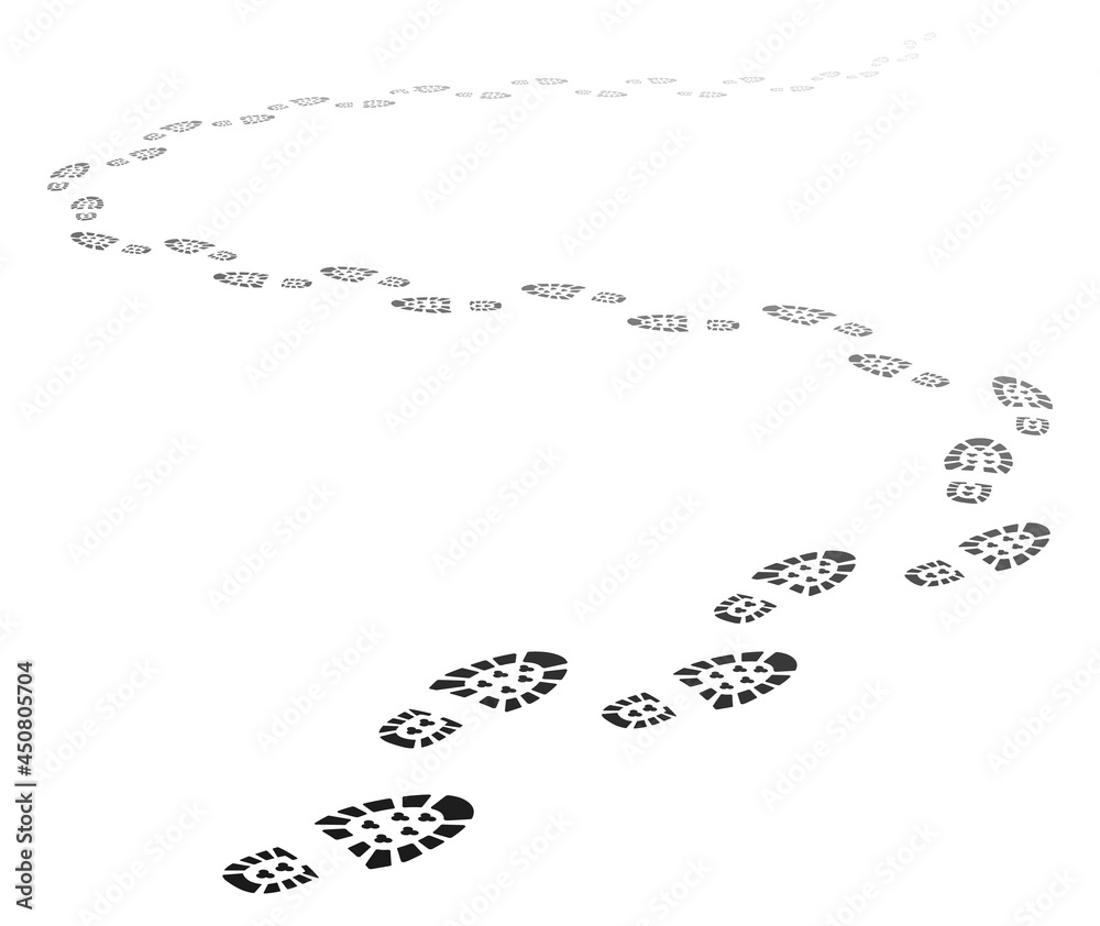 Footstep path in perspective, walking away footprint trail. Trace of