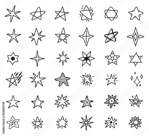 Stars doodle drawings  hand drawn star sketches. Simple cute stars  sparkles or starbursts elements for kids textile or patterns vector set. Cosmic objects outline of different shapes