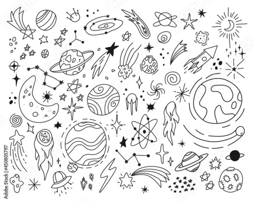 Space doodles, cute stars and planets sketch drawings. Hand drawn spaceship, ufo, planet, galaxy, moon, asteroid. Astrology doodle vector set. Celestial bodies, astronomy science objects