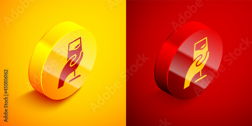 Isometric Wine tasting, degustation icon isolated on orange and red background. Sommelier. Smells of wine. Circle button. Vector