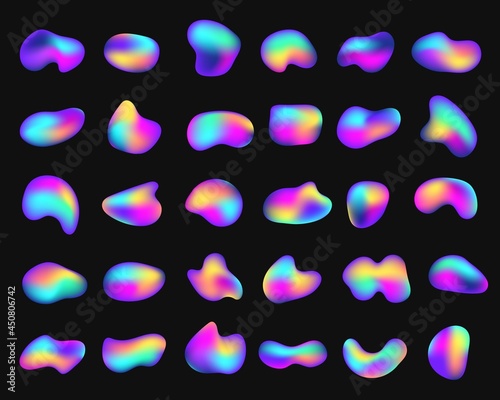 Fluid holographic or iridescent shapes, abstract liquid bubbles. Gradient organic neon graphic elements, bubble shape fluids logo vector set. Bright colorful dynamic paint splash forms