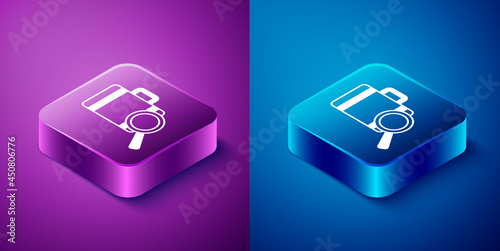 Isometric Airline service of finding lost baggage icon isolated on blue and purple background. Search luggage. Square button. Vector