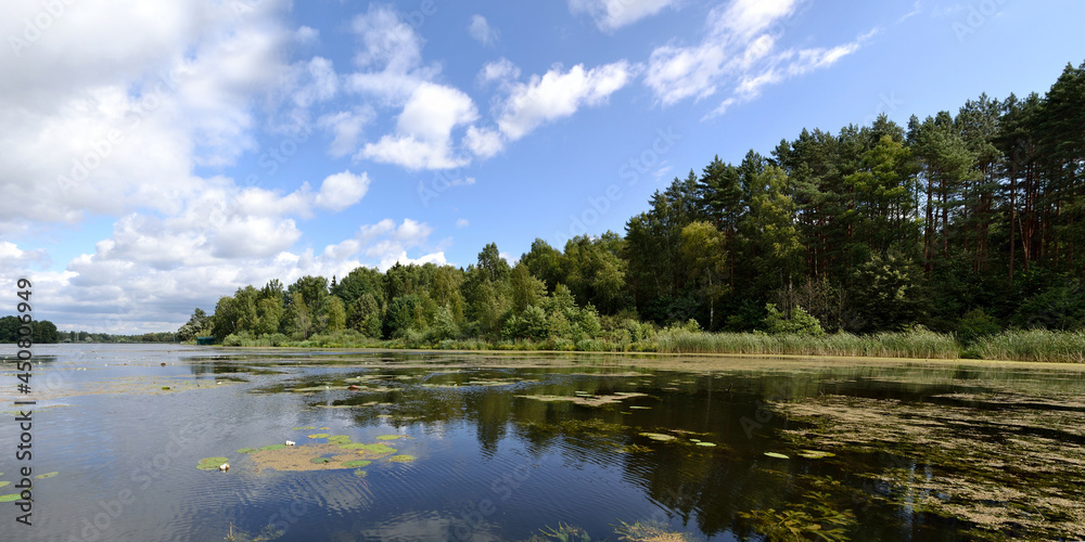 Summer fishing on the Desna river, beautiful panorama.