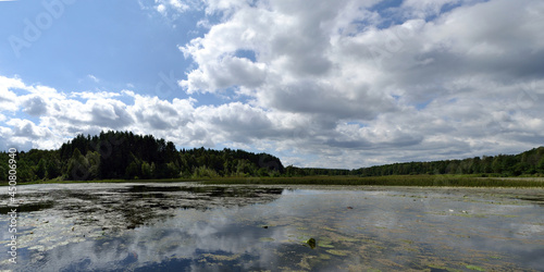 Summer fishing on the Desna river, beautiful panorama.