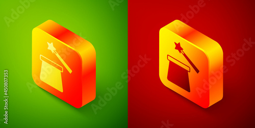 Isometric Magic hat and wand icon isolated on green and red background. Magic trick. Mystery entertainment concept. Square button. Vector