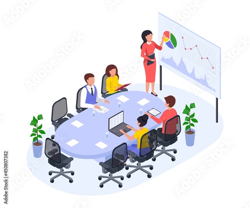 Isometric office meeting, business team in conference room. Businesswoman giving presentation, discussing new projects or ideas vector concept. Manager showing report to colleagues