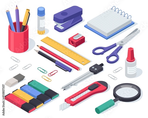 Isometric stationery. School supplies glue, notebook, material, pen, scissors, stapler, ruler, eraser. Office tools and equipment vector set for education. Stationers shop accessories