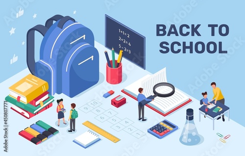 Back to school. Education and learning concept with kids backpack, books, blackboard, stationery. Children going to school isometric vector. Table with educational tools and small pupils