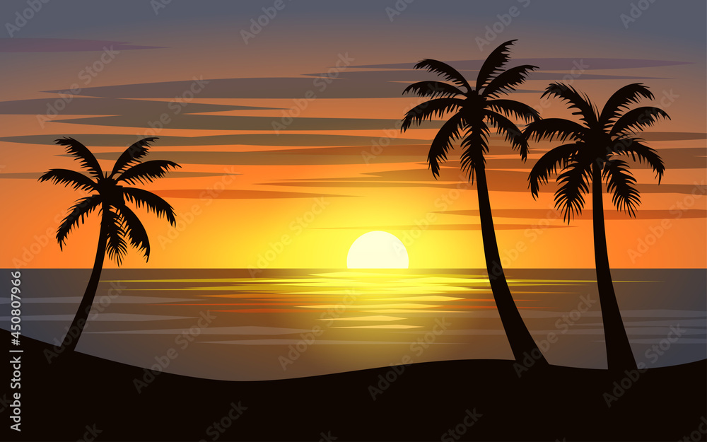 Beautiful Sunset Tropical Beach Illustration Design
