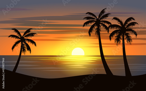 Beautiful Sunset Tropical Beach Illustration Design © Kaaif