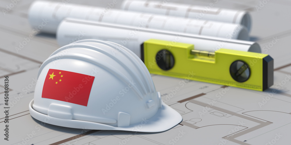 China flag Architect engineer hardhat on project blueprint plans, 3d illustration China flag Architect engineer hardhat on project blueprint plans, 3d illustration