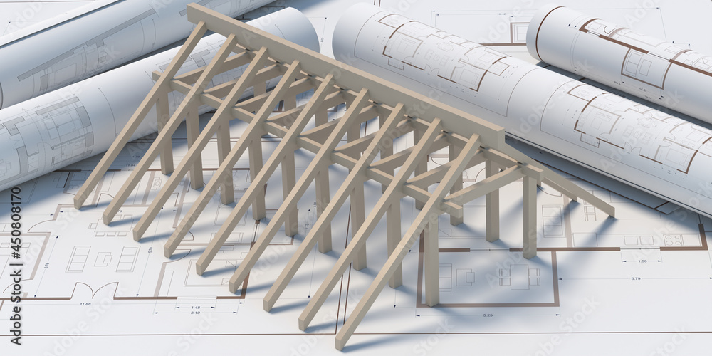 House wooden roof structure on building plans background. 3d illustration - obrazy, fototapety, plakaty 