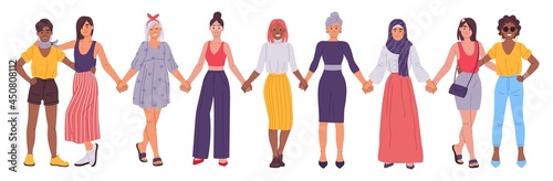 Women holding hands, girlfriends standing together, sisterhood concept. Diverse group of female friends, girl friendship vector illustration. United international characters movement