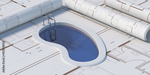Fototapeta Naklejka Na Ścianę i Meble -  Swimming pool with a staircase and clear water isolated on building blueprints background. 3d illustration
