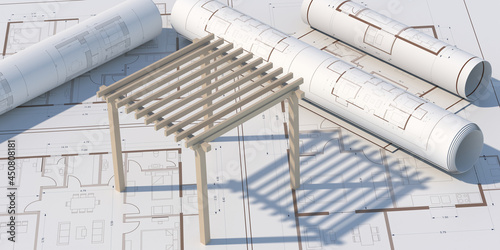 Fototapeta Naklejka Na Ścianę i Meble -  House wooden sunshade structure on building plans background. 3d illustration