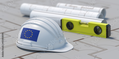 EU flag Architect engineer hardhat on project blueprint plans, 3d illustration