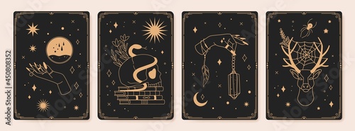 Magic spiritual tarot cards with mystic occult symbols. Vintage engraved boho esoteric tarot card with crystals, stars, moon vector set. Skull with snake and books, hand holding gem