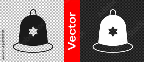 Black British police helmet icon isolated on transparent background. Vector