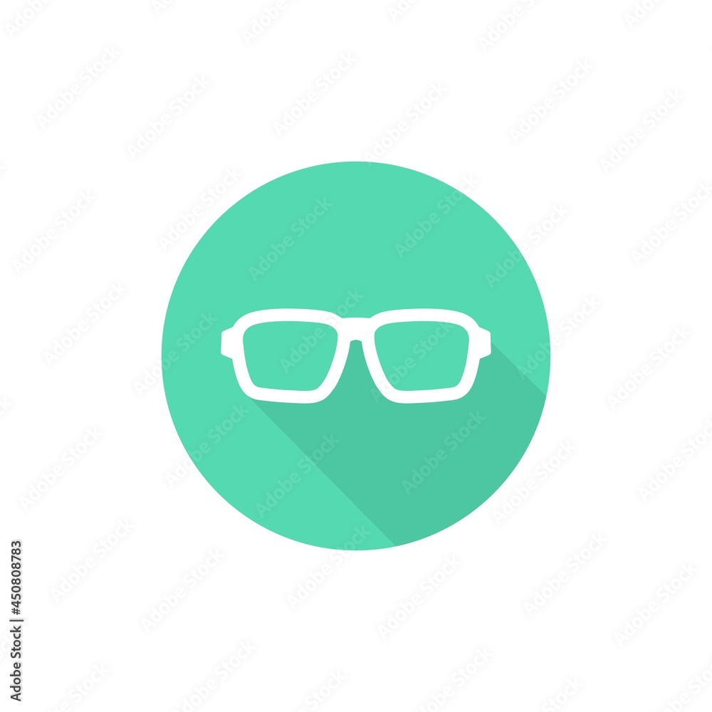 White flat round glasses with shadow in turquoise circle icon. Isolated on white. White flat round glasses with shadow in turquoise circle icon. Isolated on white.