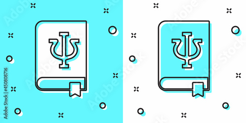 Black line Psychology book icon isolated on green and white background. Psi symbol. Mental health concept, psychoanalysis analysis and psychotherapy. Random dynamic shapes. Vector