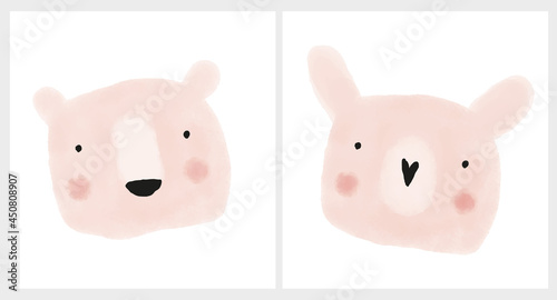 Cute Hand Drawn Rabbit and Teddy Bear Vector Illustration Set. Lovely Nursery Art with Funny Bunny And Dreaming Big Bear Heads Isolated on a White Background. Lovely Prints for Kids Room Decoration.