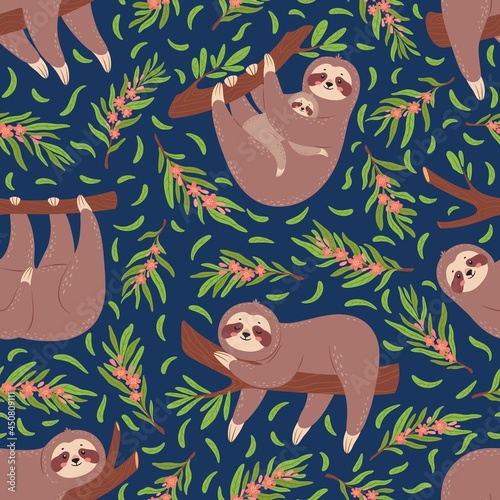 Cute sloths on branch seamless pattern for nursery wallpaper. Baby sloth animal with mother. Funny lazy animals textile print vector texture. Lovely characters in various positions