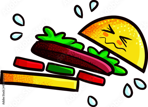 Funny and cute hamburger character getting fall to a pieces