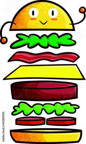 Funny and cute hamburger character get separated