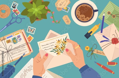Hands holding letter, envelope with postcard, postal mail. Woman reading paper letters. Desk with cards, stamps, stationery vector illustration. Table with correspondence, cup of coffee and plant