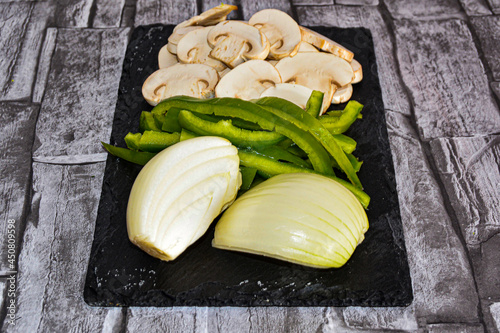 mushrooms, onion, green pepper, vegan food