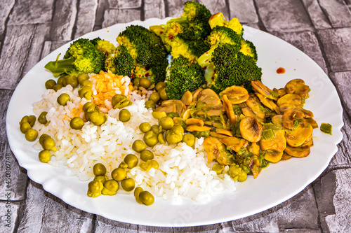 rice peas broccoli mushrooms vegan food