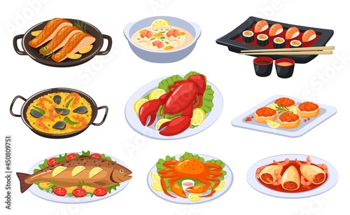 Cartoon seafood dishes  asian food and cuisine. Sushi  lobster  salmon  shrimp soup  baked fish. Delicious festive seafood dish vector set. Traditional japanese meal  restaurant presentation