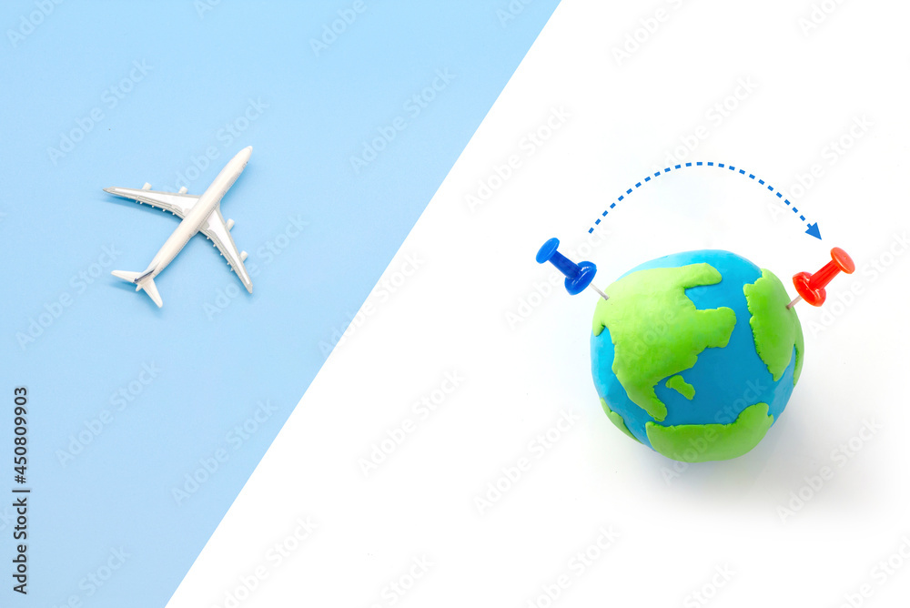 Naklejka premium airplane travel route dash line destination in world map