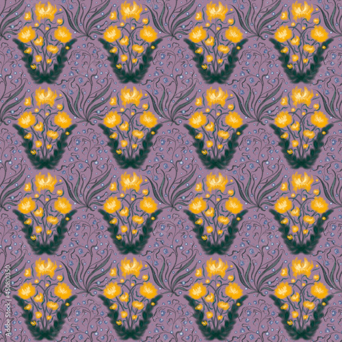 Dandelions and bells seamless pattern on a purple background.