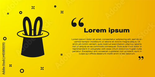 Black Magician hat and rabbit ears icon isolated on yellow background. Magic trick. Mystery entertainment concept. Vector