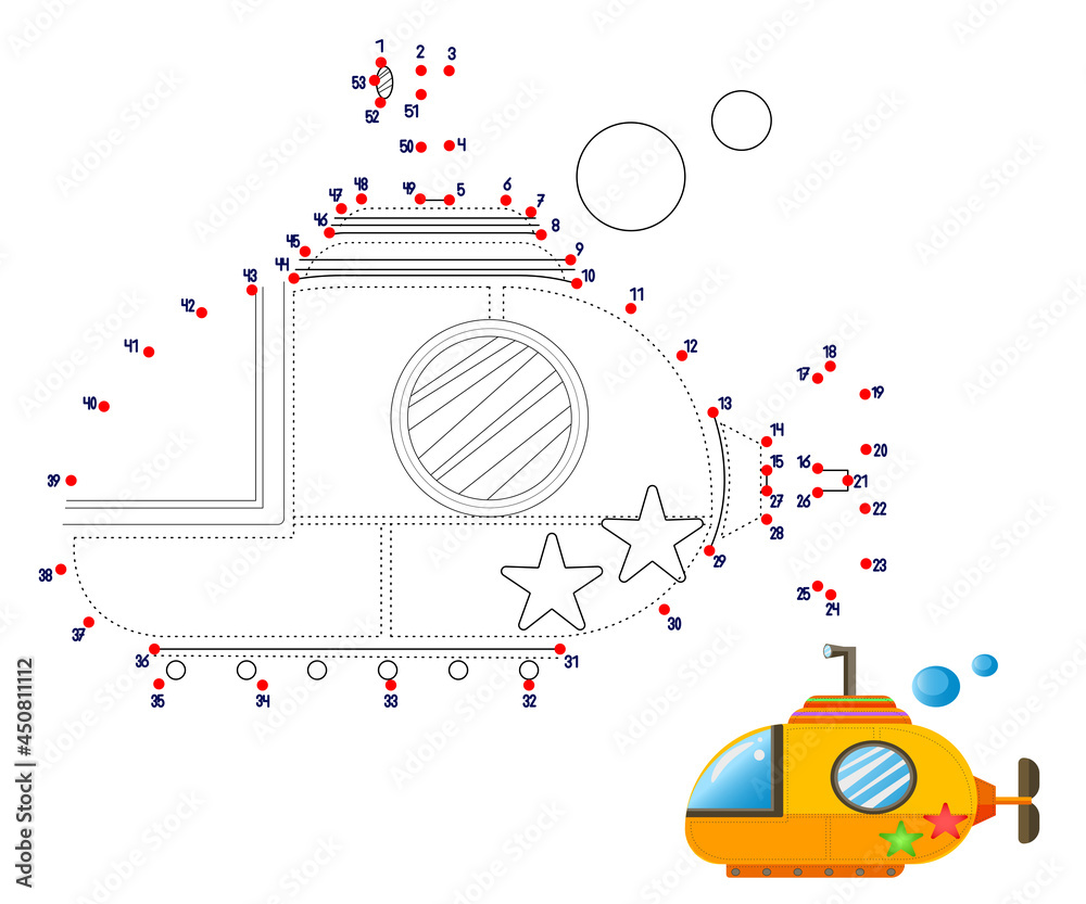 child's play. connect the dots. Submarine. colors Stock Vector Adobe
