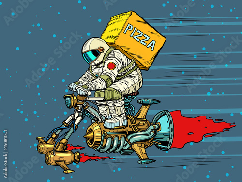 An astronaut courier delivers pizza to the spacecraft. Food Science