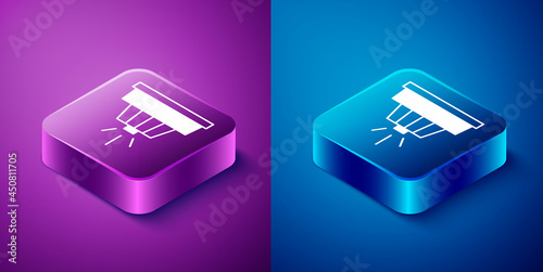 Isometric Smoke alarm system icon isolated on blue and purple background. Smoke detector. Square button. Vector